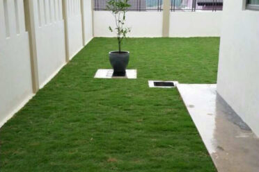 Freshly laid turf grass in a residential garden, enhancing the lawn’s aesthetic and providing a lush green space for outdoor activities.