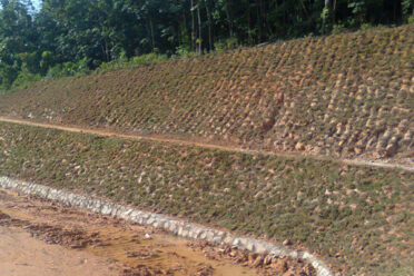 A terraced slope designed for erosion control, with steps and vegetation planted to reduce runoff and prevent soil loss.
