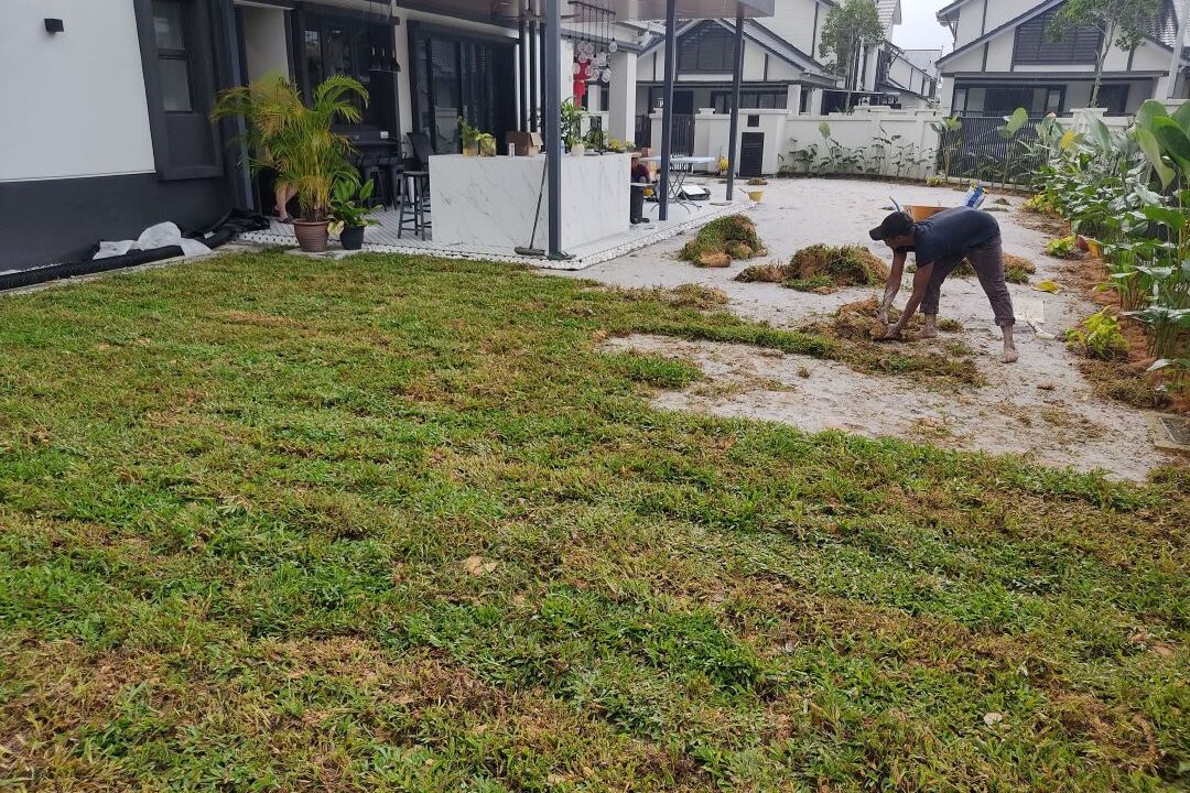 A worker installing or repairing turf grass in the backyard garden of a modern residential house, with partially laid sod and soil visible.