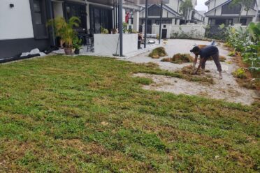 A worker installing or repairing turf grass in the backyard garden of a modern residential house, with partially laid sod and soil visible.