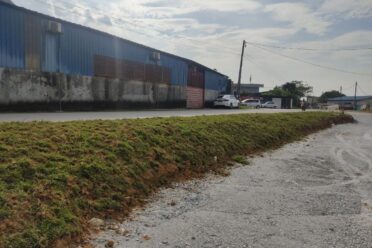 A view of a newly turfed roadside embankment next to a paved road, with a large blue industrial building and parked cars in the background under a partly cloudy sky.